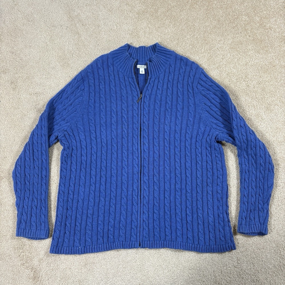 L.L. Bean Men's 3X Cable Knit Full Zip Mock Neck Sweater Blue 100% Cotton